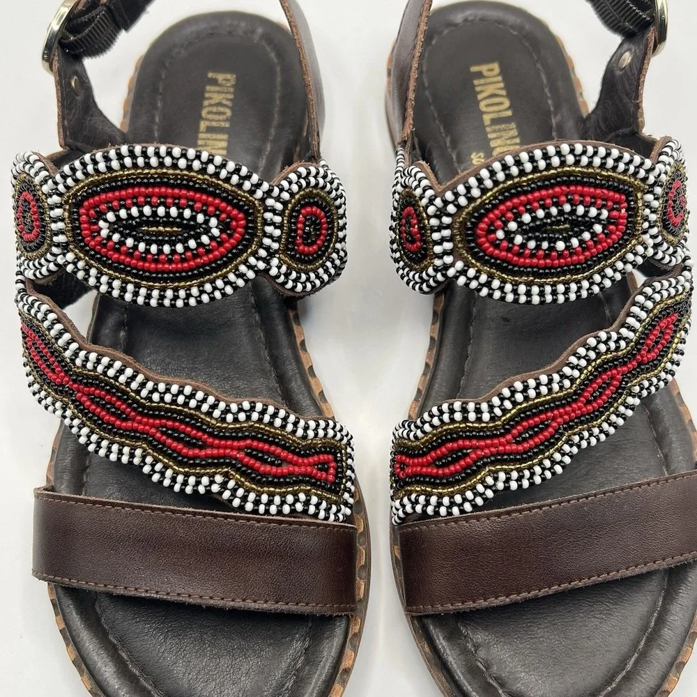 Pikolino‎ Algar Maasai Hand Beaded Sandal EU 35/US 4-5 Brown Multi Tribal Boho